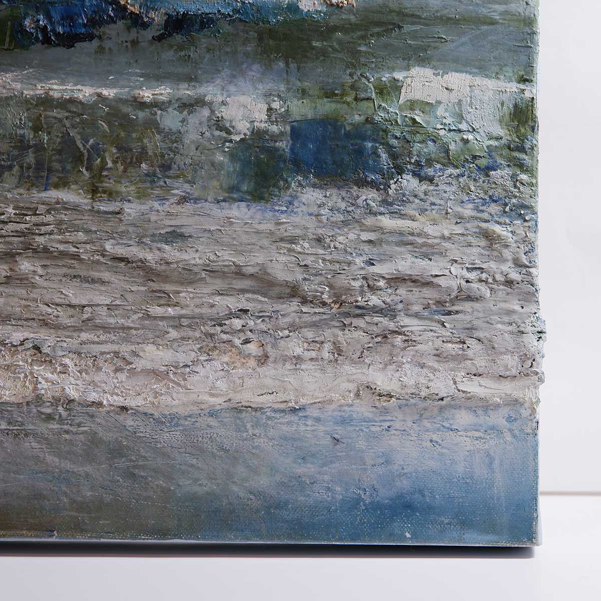 Abstract painting with textured brushstrokes in earthy tones on a white background