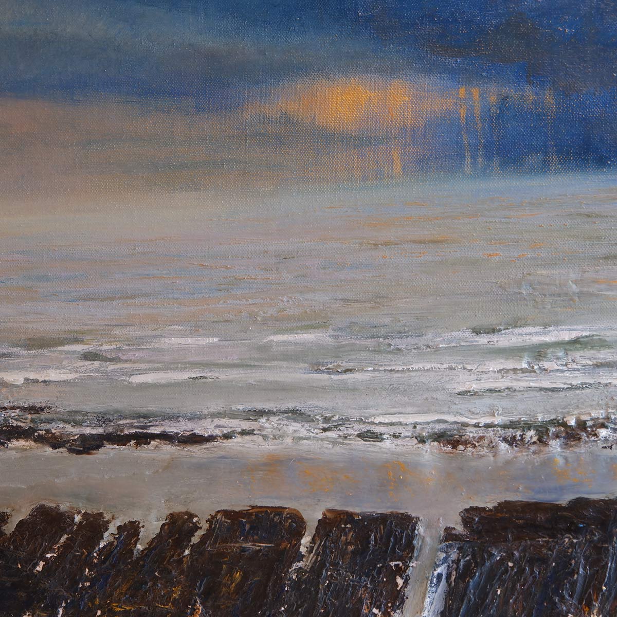 Close up of painting of a landscape with blue, grey/green, gold, and brown tones.