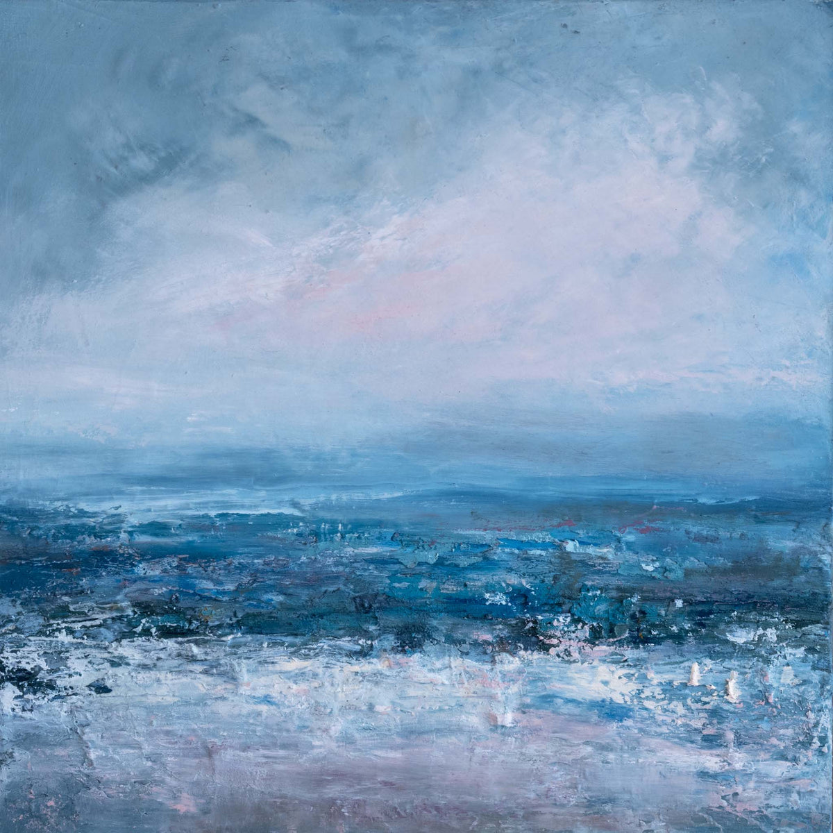 An abstract landscape painting depicting a misty blue and gray sea under a cloudy sky, with textured brushstrokes in shades of blue, white, and soft pink.
