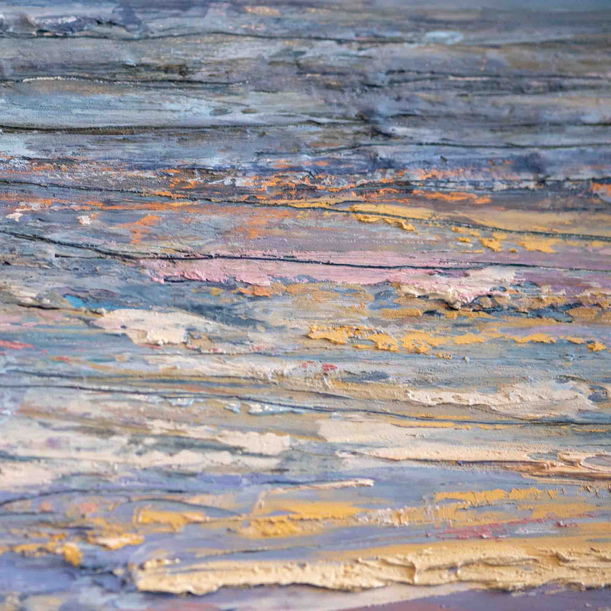 Abstract textured painting with layered horizontal brushstrokes in muted blue-gray, lavender, peach, cream, and golden yellow tones.