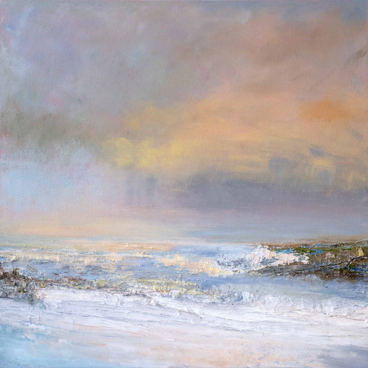 semi abstract painting of soft yellow, ochre and blue skies with highly textured sea