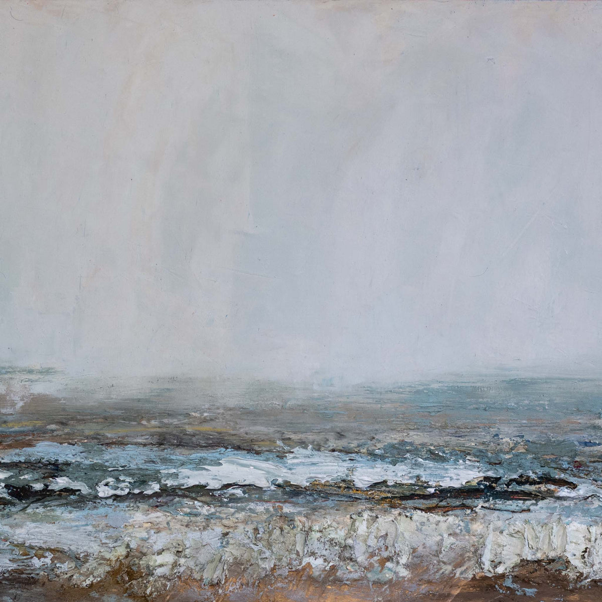 An abstract landscape painting depicting a calm sea under a misty, pale sky, with textured brushstrokes in gray, white, blue, brown, and beige.