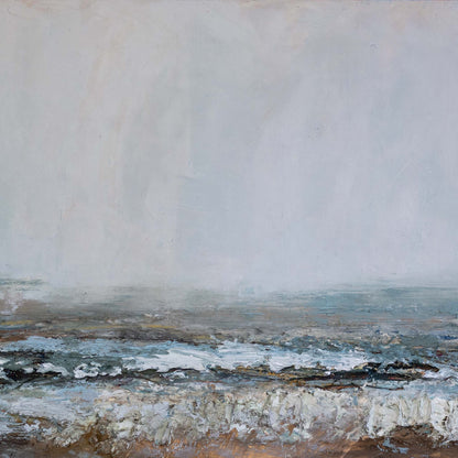 An abstract landscape painting depicting a calm sea under a misty, pale sky, with textured brushstrokes in gray, white, blue, brown, and beige.