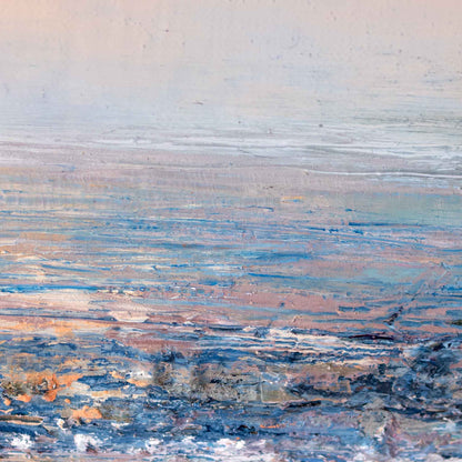 An abstract landscape painting depicting a calm sea or field with textured impasto brushstrokes in shades of blue, beige, gray, and soft orange.