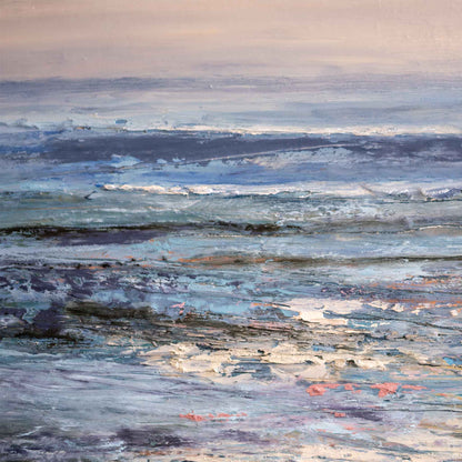 An abstract impressionistic painting of an ocean scene with layered waves and textured brushstrokes in blue, gray, white, and soft pink tones.