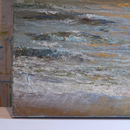 close up of textured painting with horizontal brushstrokes in various shades of green, blue, copper and gold