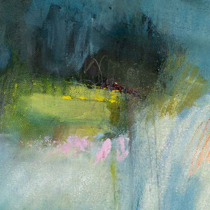 close up of Large colourful abstract landscape mixed media painting - Susan Bamford Art