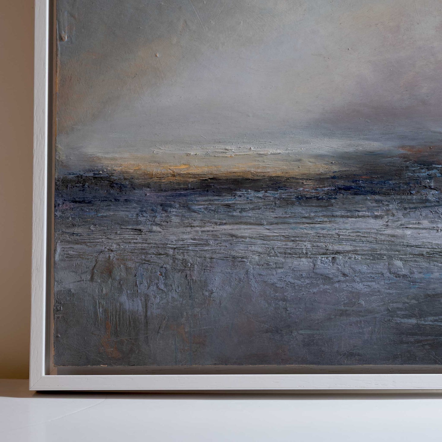 Abstract painting with textured brushstrokes on a neutral background