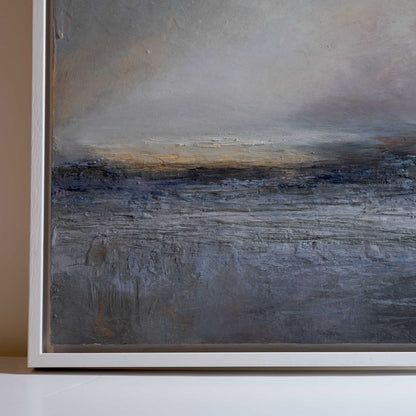 Abstract painting with textured brushstrokes on a neutral background