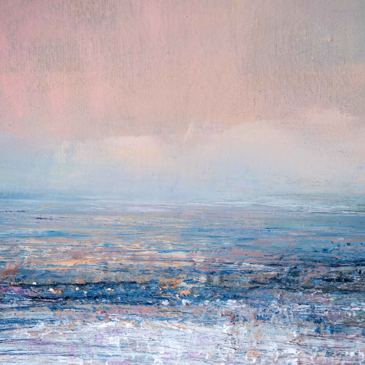 An abstract landscape painting featuring a soft pink and blue sky blending into a textured, layered blue and white sea.