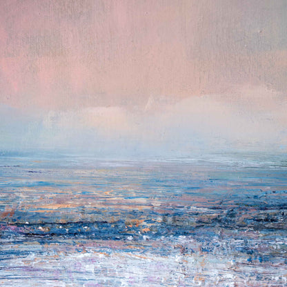 An abstract landscape painting featuring a soft pink and blue sky blending into a textured, layered blue and white sea.