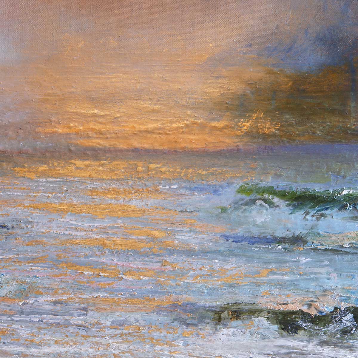 Painting of a sunset over water with textured brushstrokes.