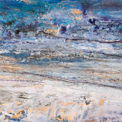 An abstract textured painting featuring layered brushstrokes of blue, gray, white, and warm gold tones.