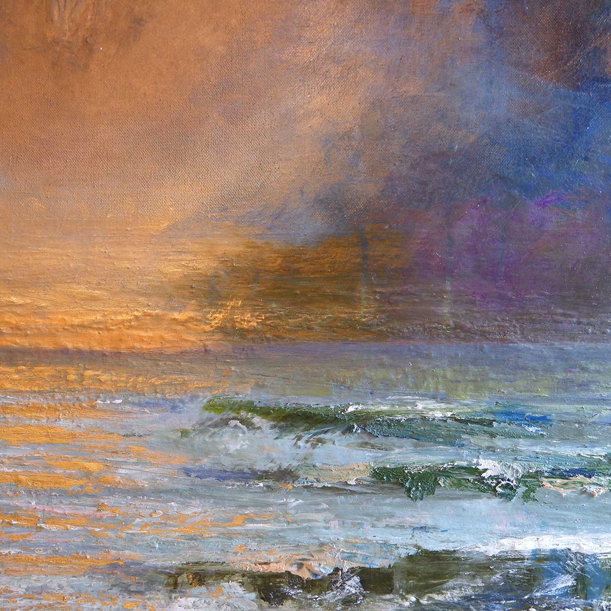 Painting of a sunset over water with warm and cool colors.