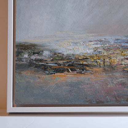 close up of lefthand corner with white floating frame showing textures and layers. Gold underneath showing through