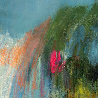 close up of Large colourful abstract landscape mixed media painting - Susan Bamford Art