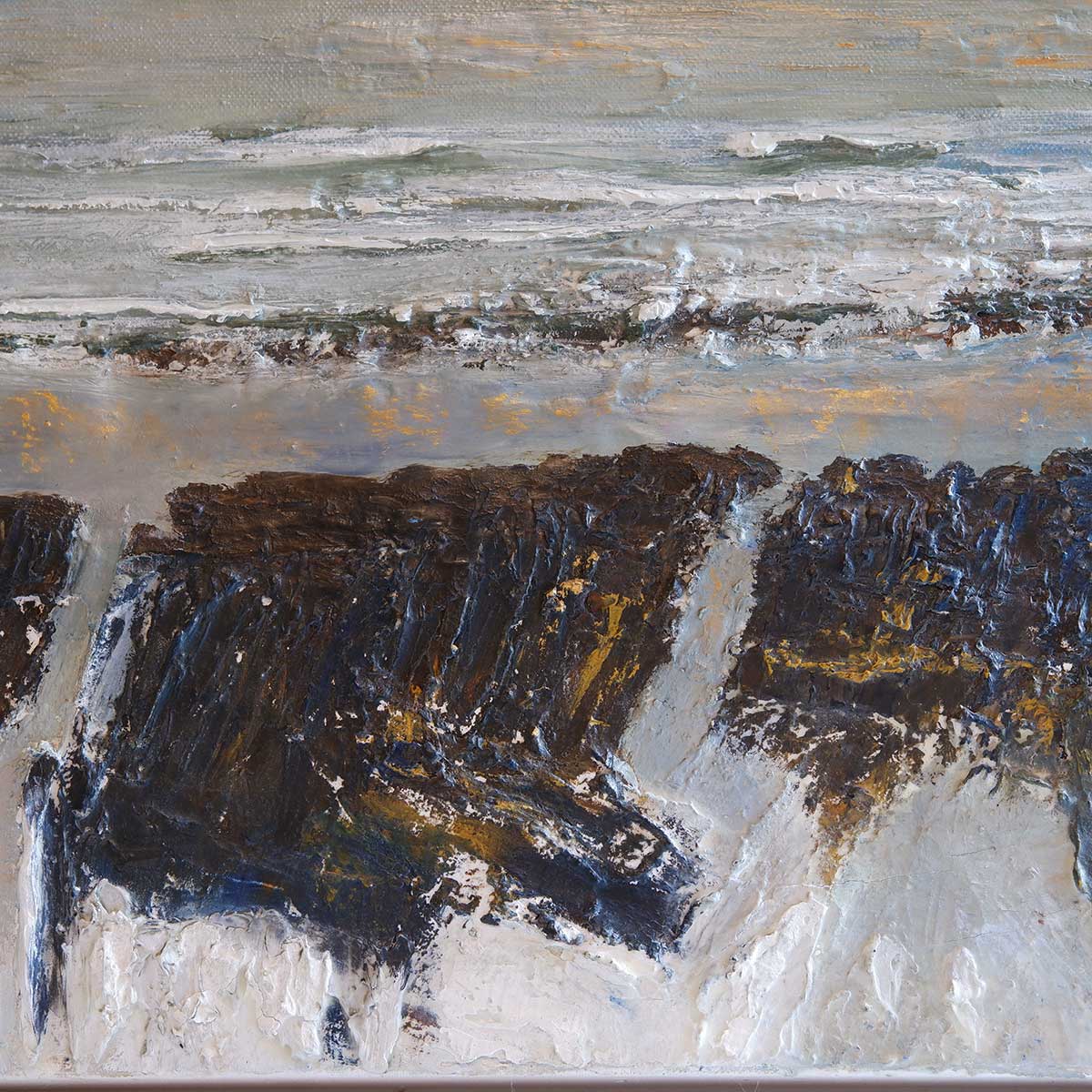 Close up of painting of a landscape with blue, grey/green, gold, and brown tones.