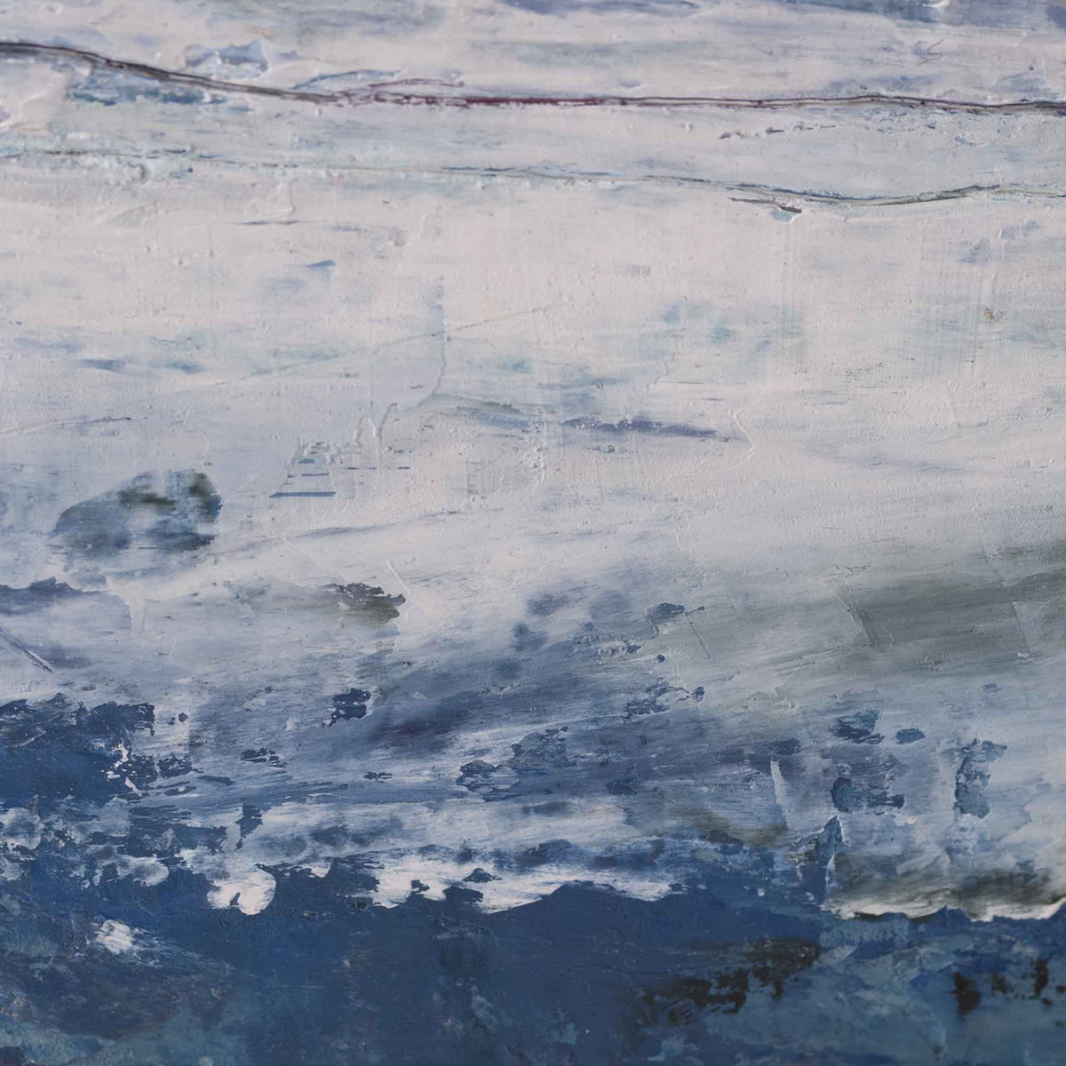Abstract painting with textured brushstrokes in shades of blue, gray, and off-white, filling the entire frame.