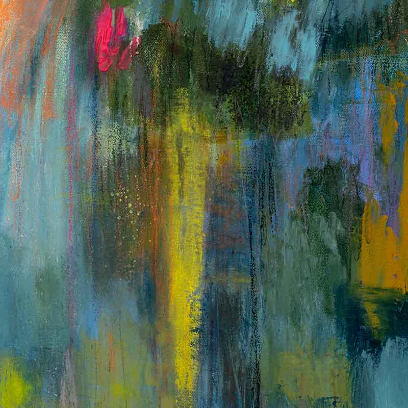 close up of Large colourful abstract landscape mixed media painting - Susan Bamford Art