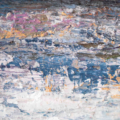 Abstract textured painting with layered brushstrokes in blue, white, gray, pink, and gold tones.