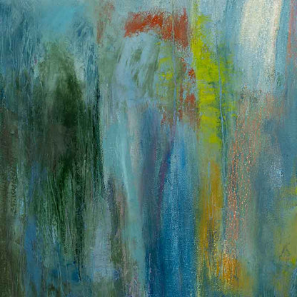 close up of Large colourful abstract landscape mixed media painting - Susan Bamford Art