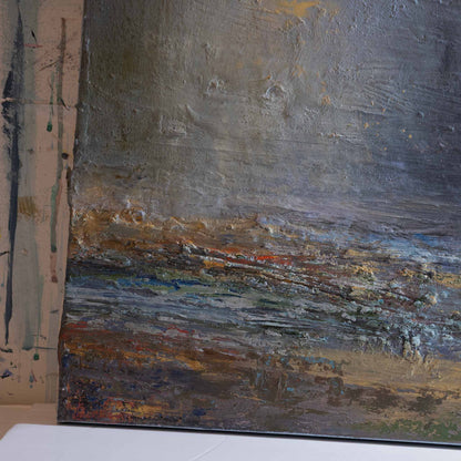 CLOSE UP OF LEFT HAND CORNER SHOWING LAYERED TEXTURE IN RICH COLOURS