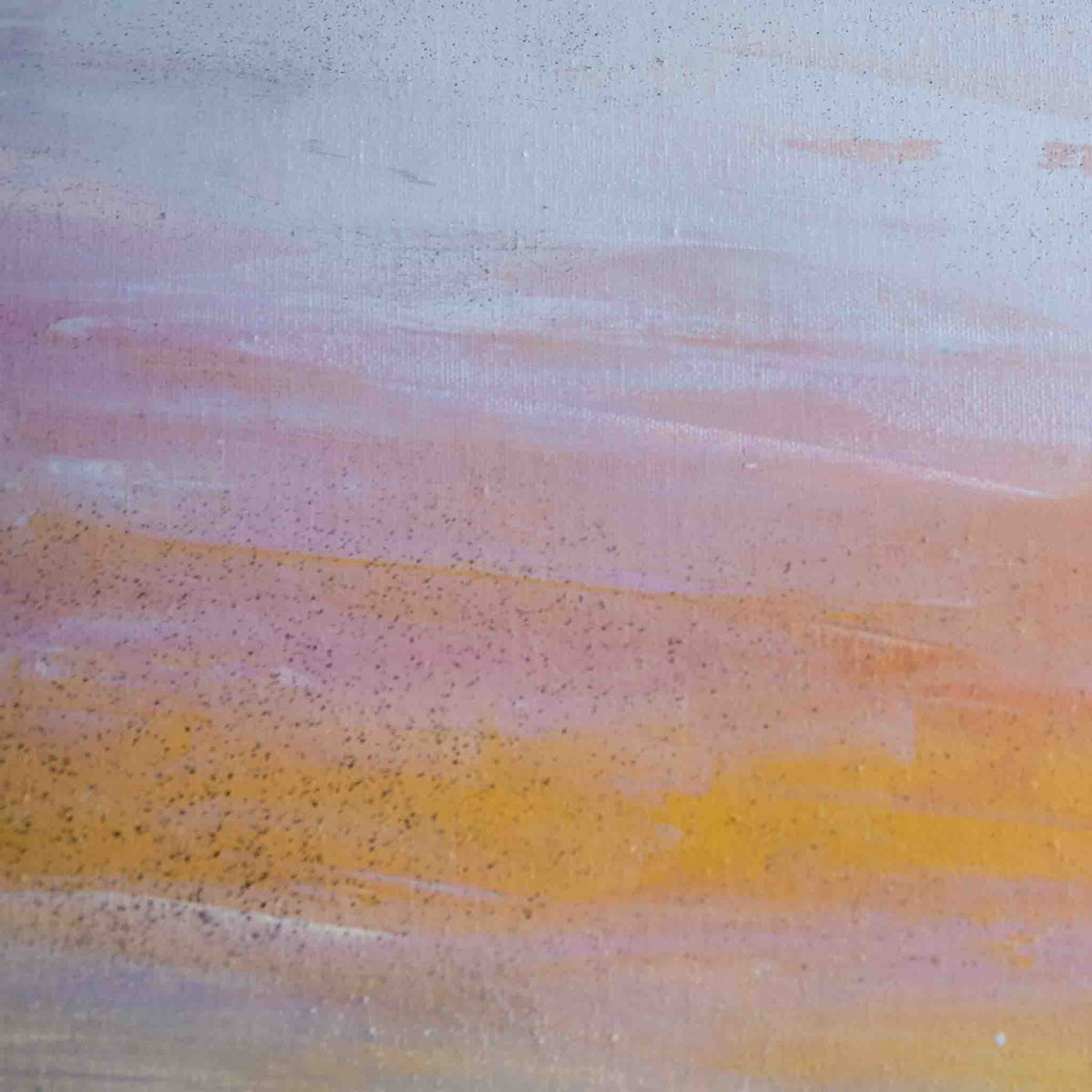 Abstract landscape painting with horizontal brushstrokes of pale lavender-gray, soft pink, peach, and golden yellow with fine speckled texture.