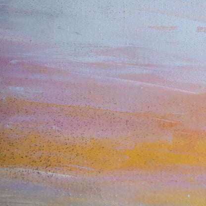 Abstract landscape painting with horizontal brushstrokes of pale lavender-gray, soft pink, peach, and golden yellow with fine speckled texture.