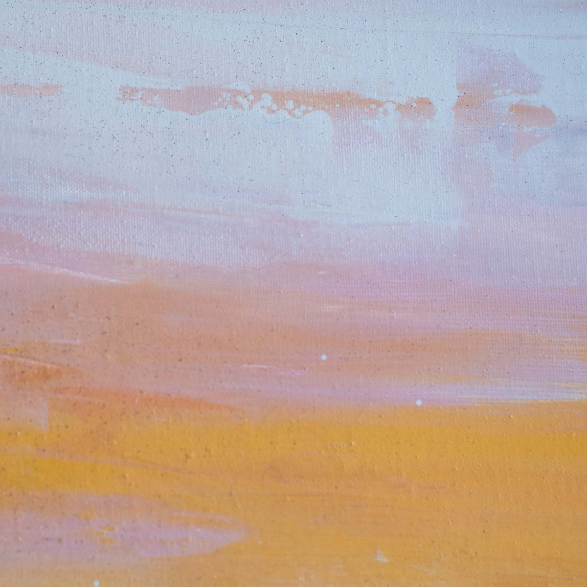 Abstract textured painting with horizontal brushstrokes in pale lavender, soft pink, peach, and warm golden yellow.