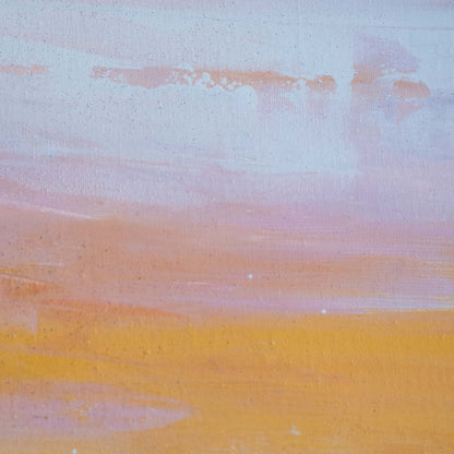 Abstract textured painting with horizontal brushstrokes in pale lavender, soft pink, peach, and warm golden yellow.