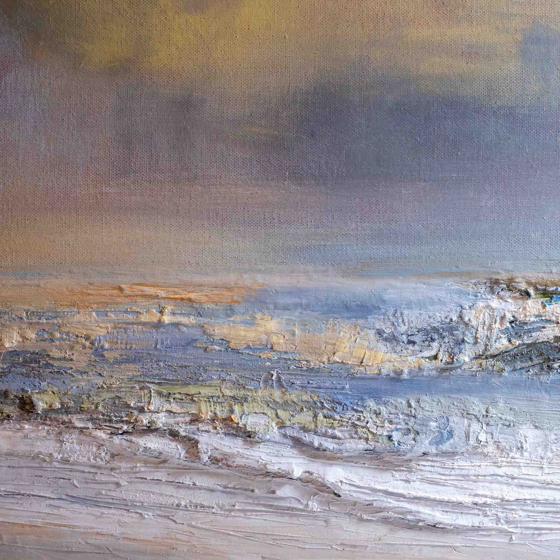 close up of painting showing highly textured abstract sea