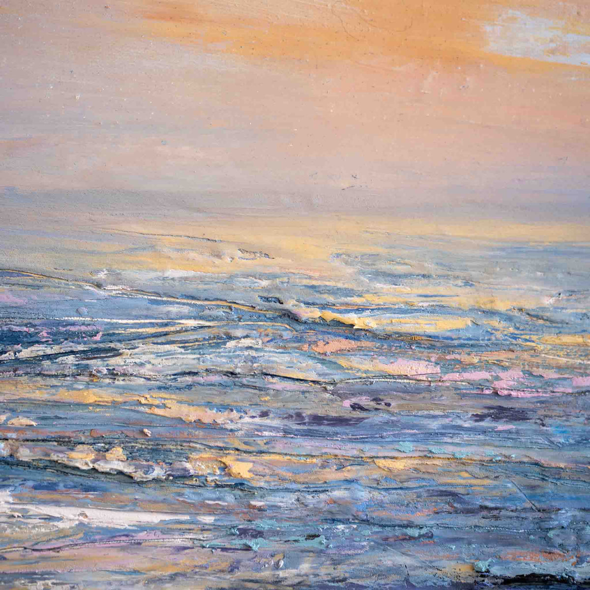 An abstract impressionistic painting of an ocean scene at sunset, featuring textured brushstrokes in blue, gray, lavender, yellow, and peach tones.