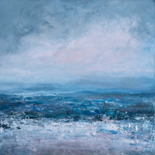 An abstract landscape painting depicting a misty blue and gray sea under a cloudy sky, with textured brushstrokes in shades of blue, white, and soft pink.