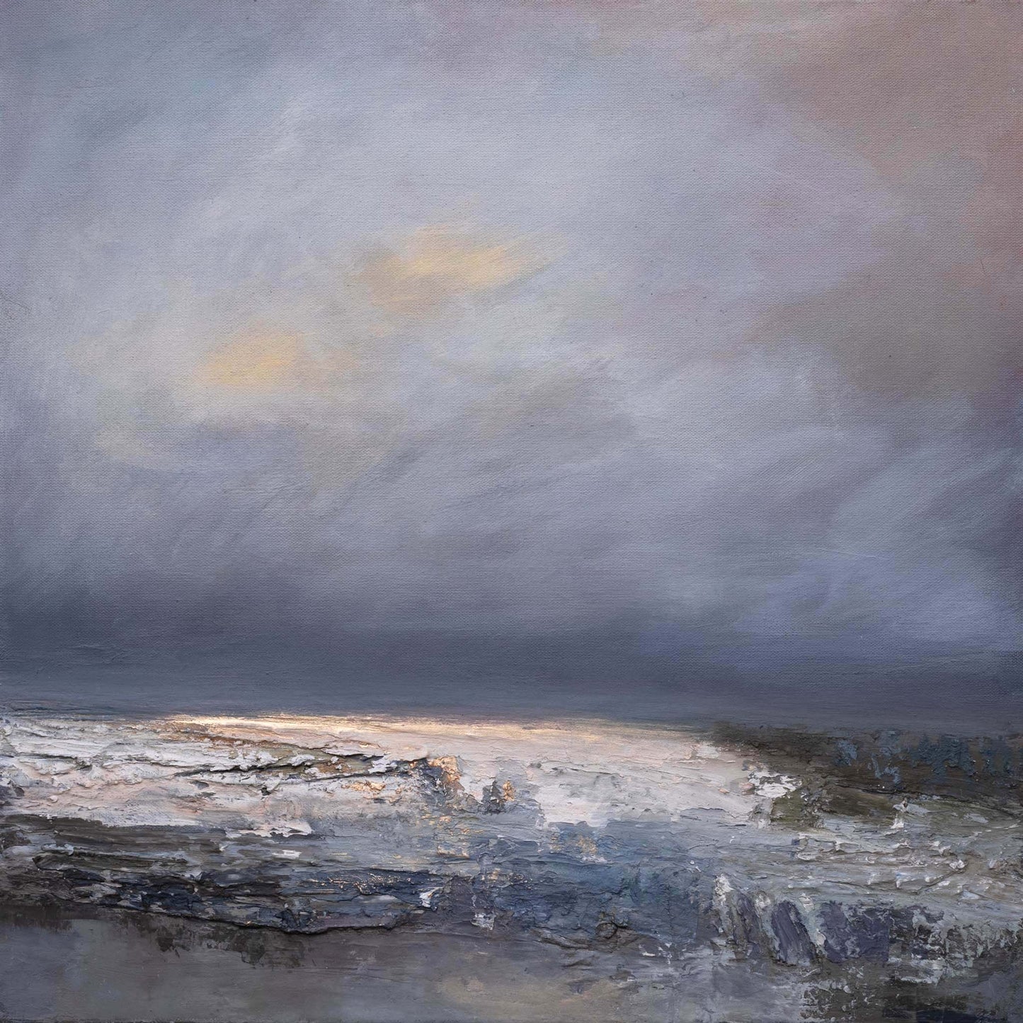 Highly textured abstract oil painting of a coastal scene with a dramatic sky over water.