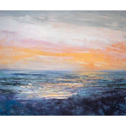 An impressionistic painting of an ocean sunset, featuring a glowing orange and pink sky, soft gray clouds, and deep blue water with shimmering golden reflections.