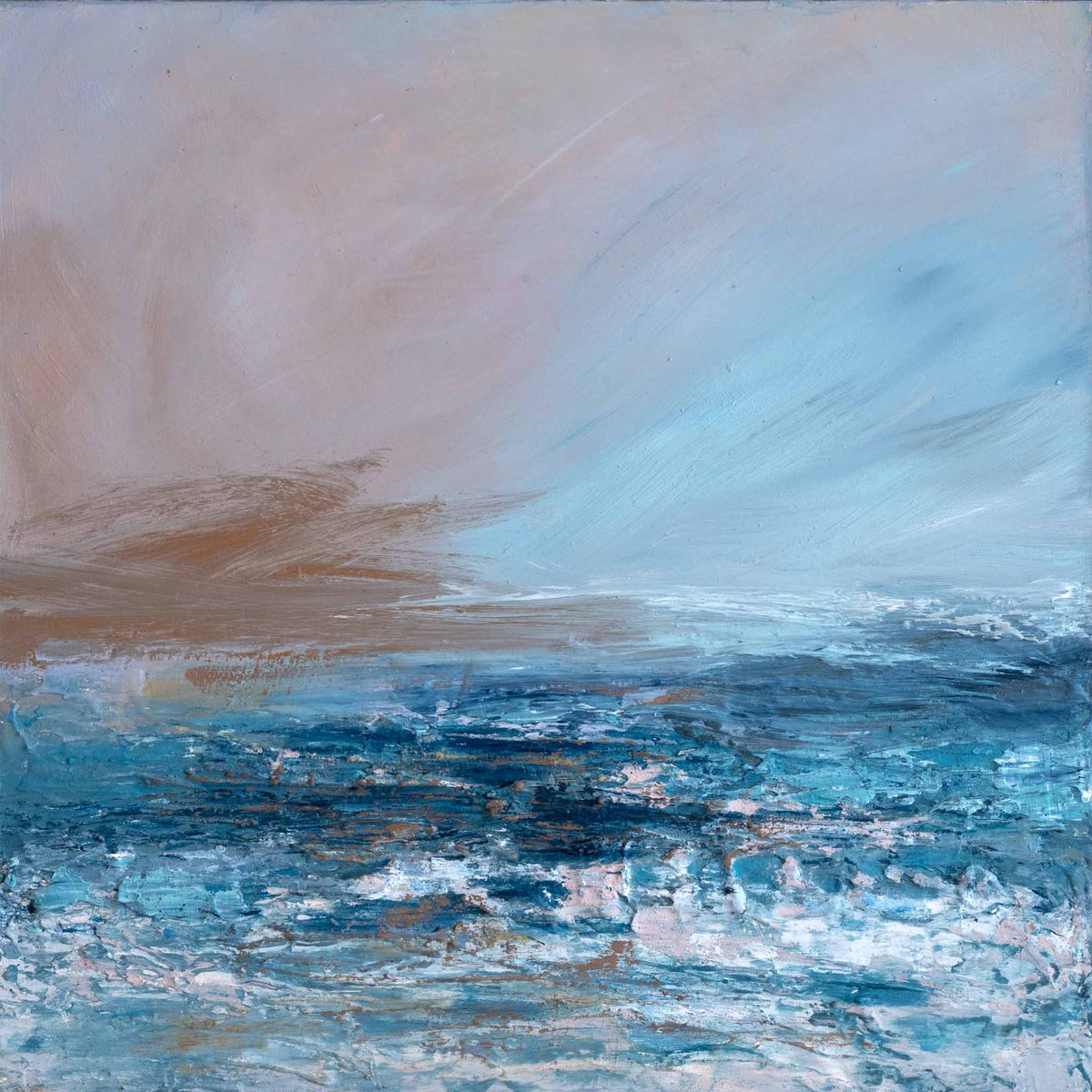 An abstract painting of an ocean scene, featuring textured blue and white waves in the lower half and soft beige and light blue sky tones in the upper half.