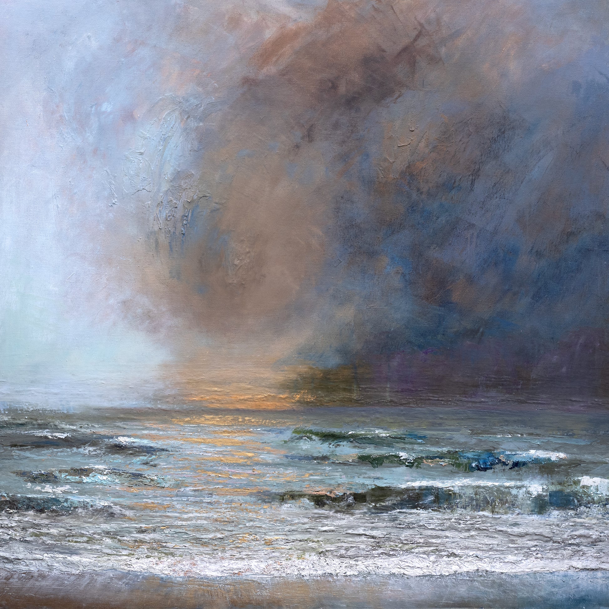 Large moody oil seascape painting with copper and blue skies and golden reflections on waves