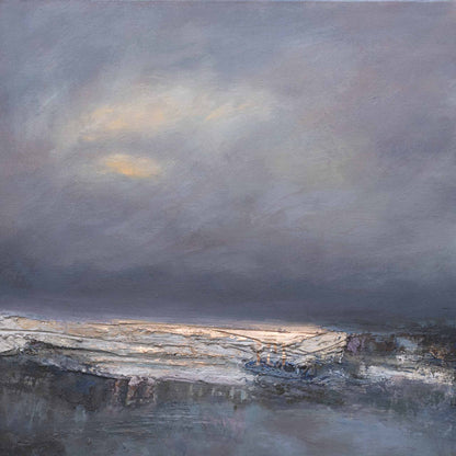 abstract oil painting of sea with golden textures and stormy skies