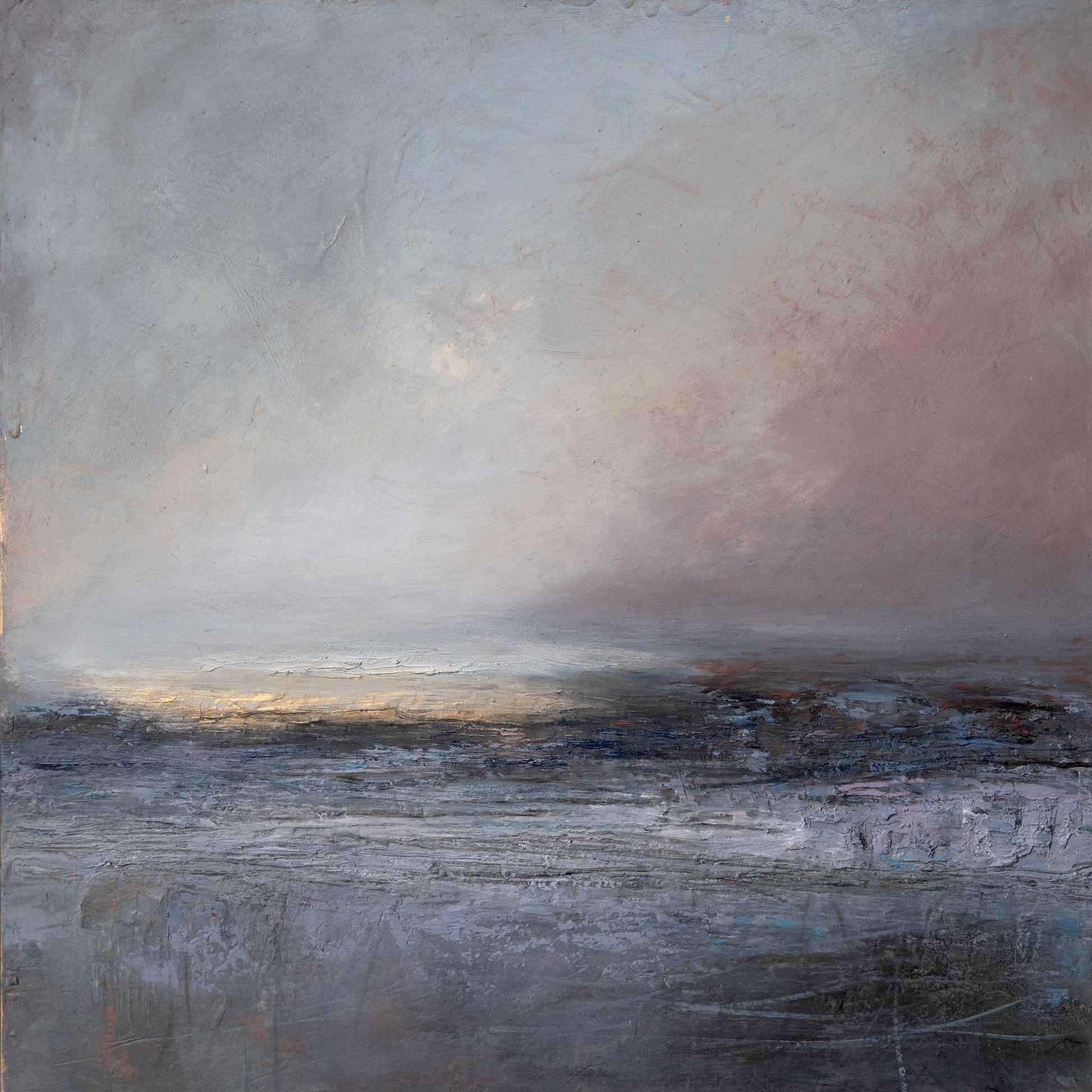 Abstract painting with a gradient of colors from blue to pink, resembling a sky or landscape.