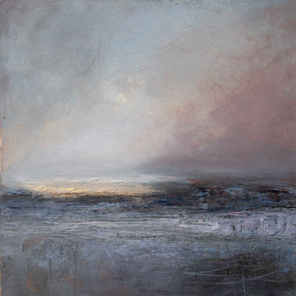 Abstract painting with a gradient of colors from blue to pink, resembling a sky or landscape.