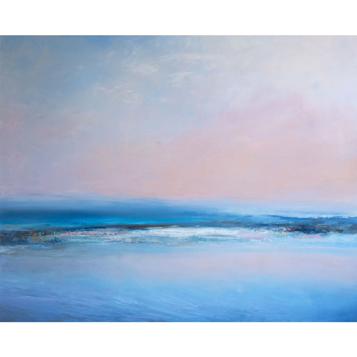 An abstract landscape painting featuring a soft blue and pink sky over a calm blue sea, with textured brushstrokes and a hazy horizon.