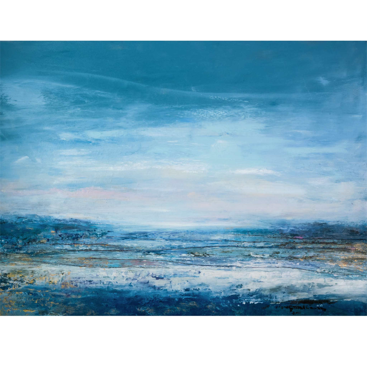 An abstract landscape painting featuring a textured blue sky and sea, with soft white and gray brushstrokes and hints of gold and brown in the water, presented on a white background.