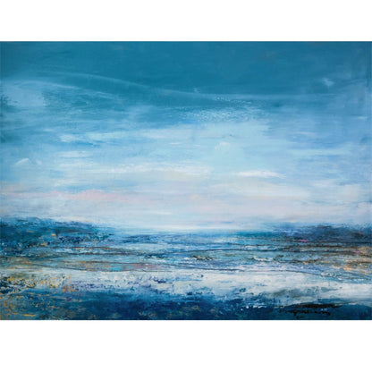 An abstract landscape painting featuring a textured blue sky and sea, with soft white and gray brushstrokes and hints of gold and brown in the water, presented on a white background.