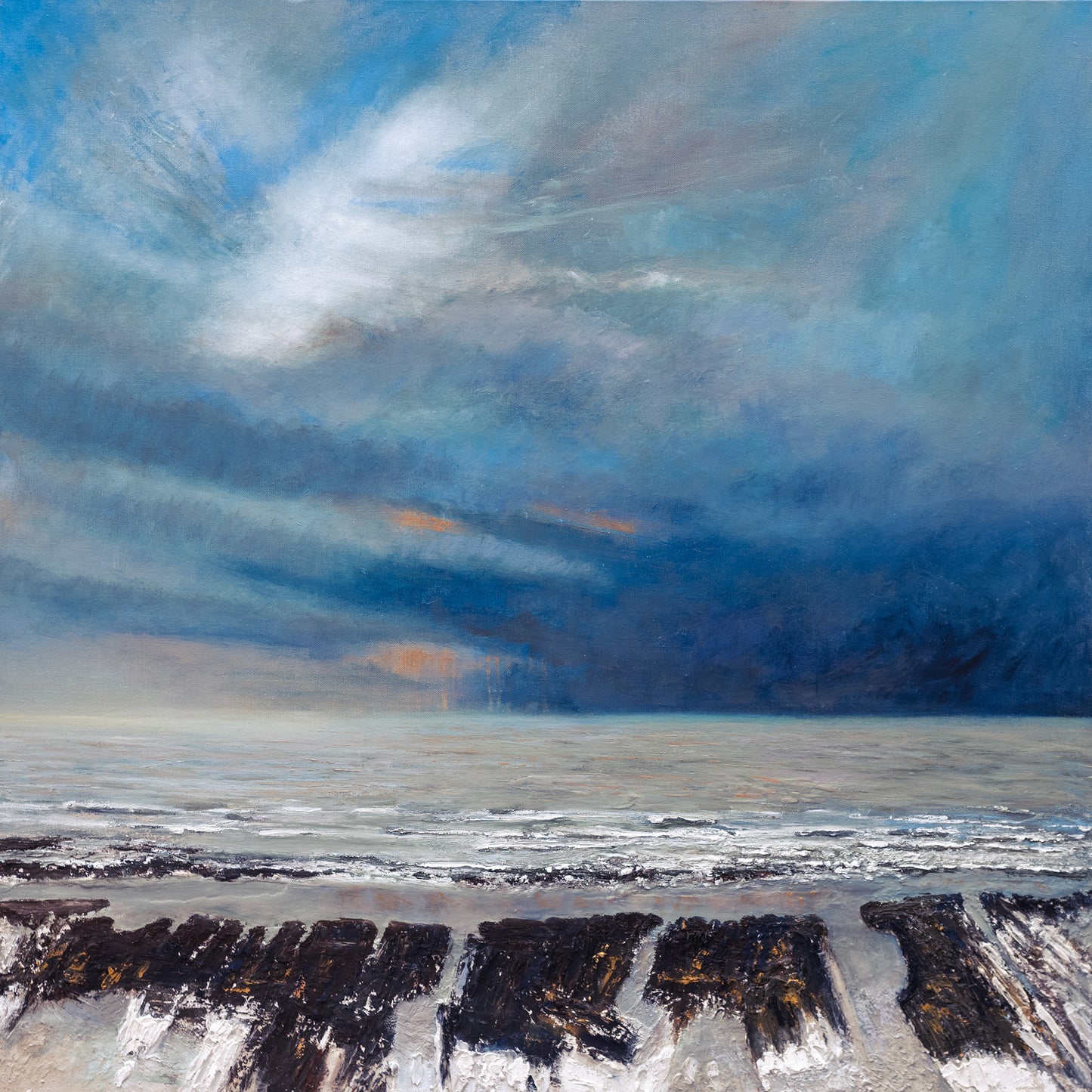 Large Oil painting of a coastal scene with a dramatic sky over water and rocks.